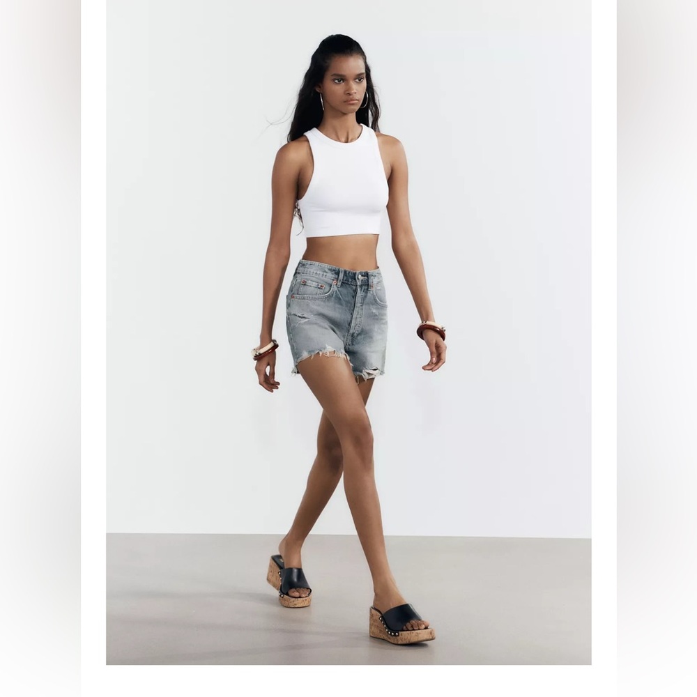 ZARA TRF RIPPED HIGH RISE DENIM SHORTS - Picture 3 of 10